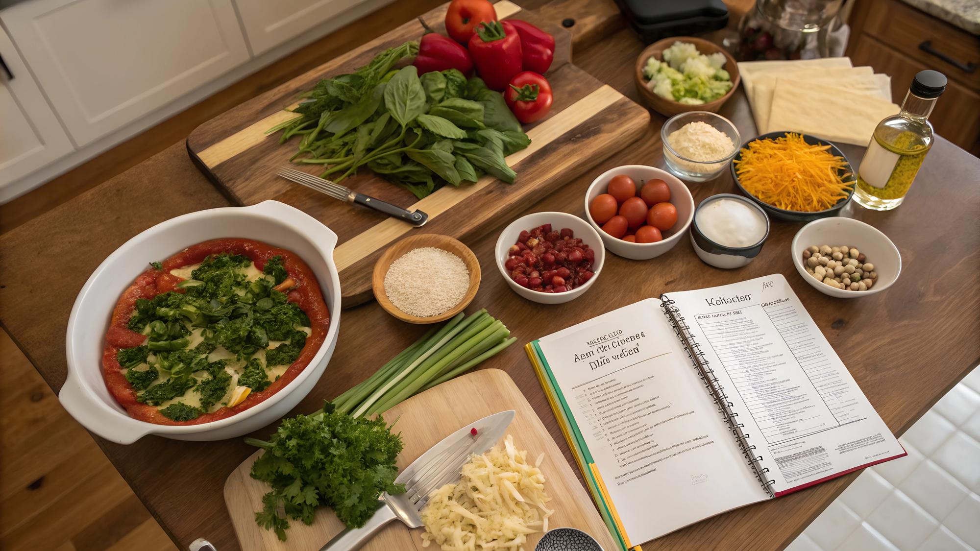 Tavolo con ingredienti ordinati e taccuino del corso
